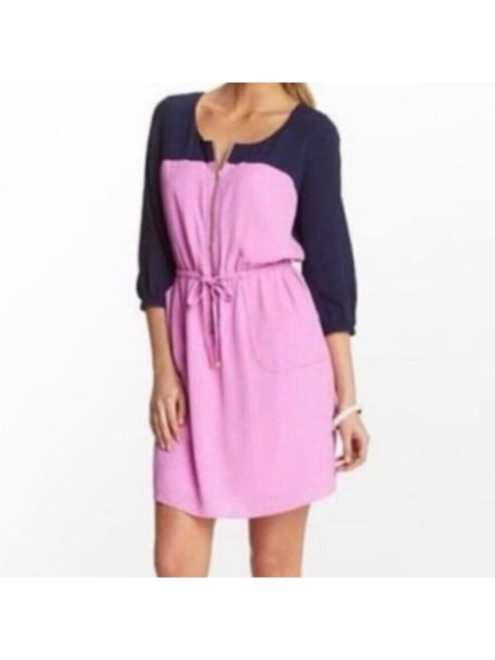 Lilly Pulitzer Pink Navy Colorblock Zip Front Tie Waist Mini Dress Size 2